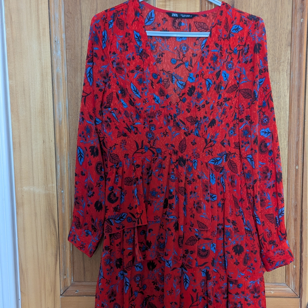 Zara Vibrant Red and Blue Floral Long Sleeve Dress